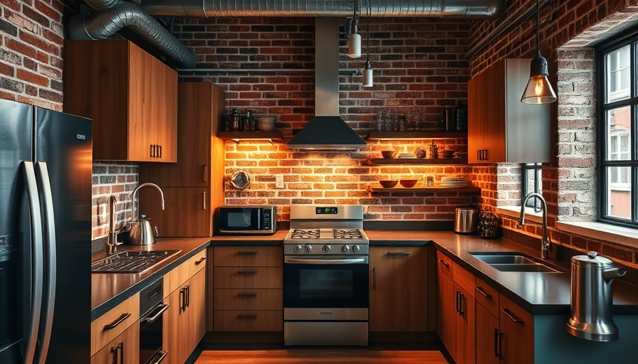 Contemporary kitchen with brick walls and warm lighting.