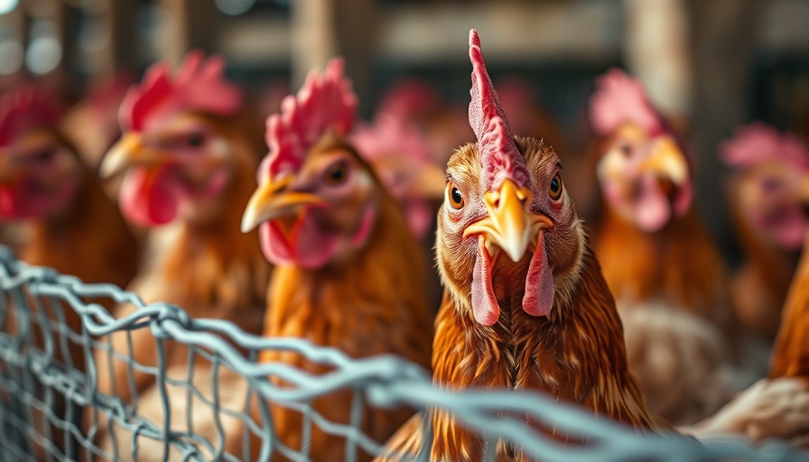 Alert brown chickens in a cage focusing through wire mesh, farm setting.