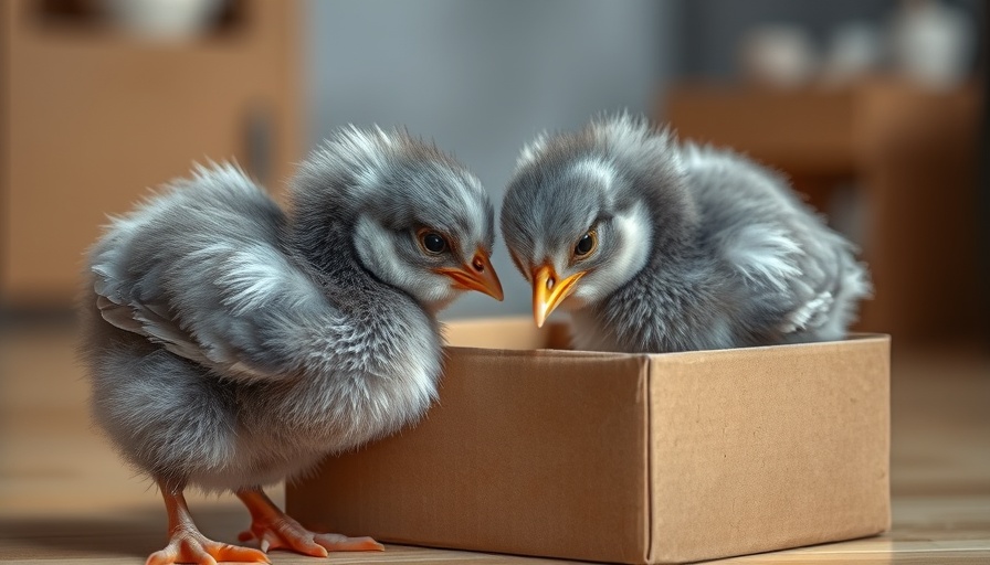 Fluffy gray chicks examining a box indoors, identifying chicken breeds