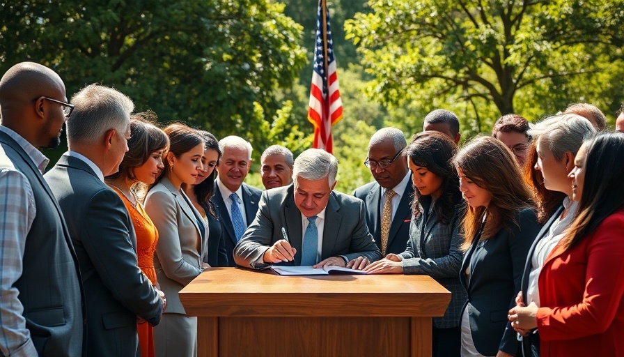 Signing ceremony with diverse group in daylight.
