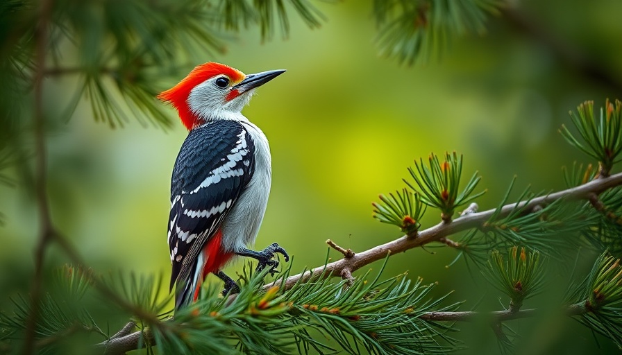 Red-headed woodpecker on pine branch captures joy in grief through birdwatching.