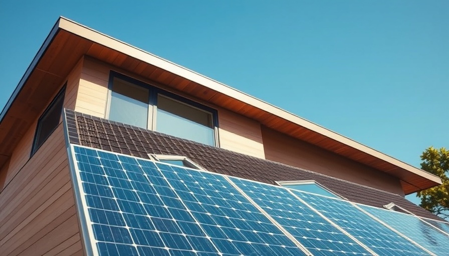 Modern all-electric solar home with panels on roof under blue sky