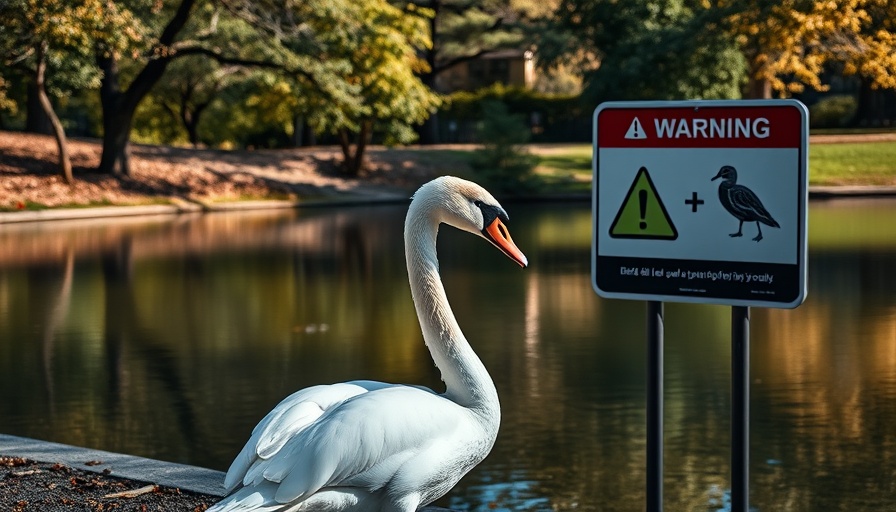 Swan and bird flu warning sign by a pond, highlighting bird flu risks in Europe.