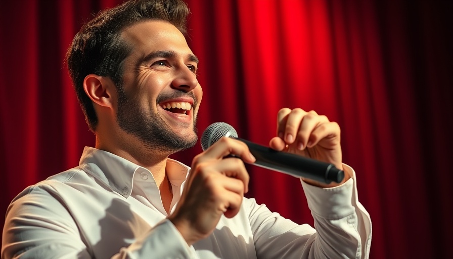 Smiling man speaking passionately with microphone, red curtain backdrop.