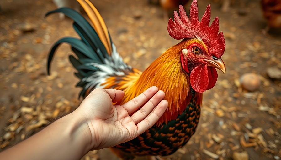 Rooster behavior and interaction in farmyard setting.