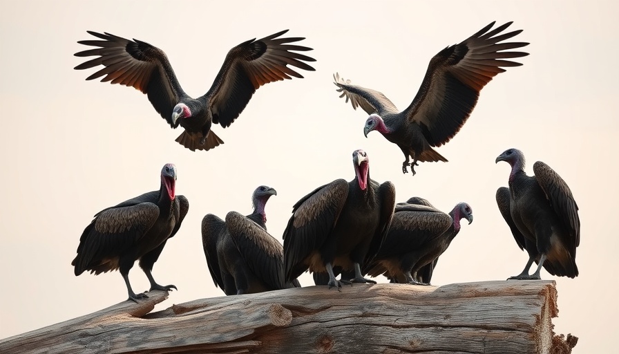 Turkey vultures perched on log with wings spread wide, sunny day.