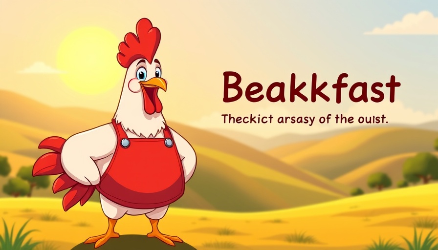 Creative cartoon chicken with apron in sunny countryside.