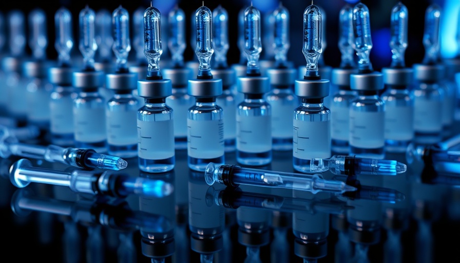 Syringes and vaccine vials reflecting in blue light.