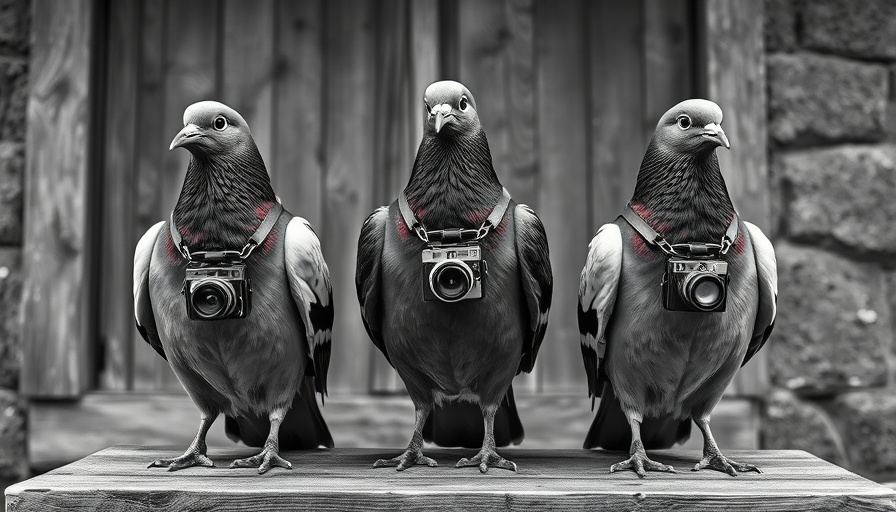 Vintage pigeons with cameras, pigeon camera invention scene