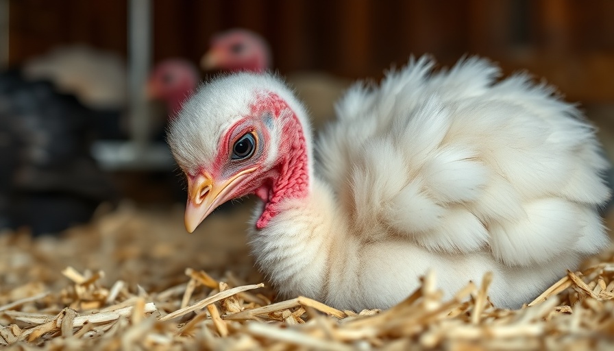 Three-week-old poult gently pecking inside barn