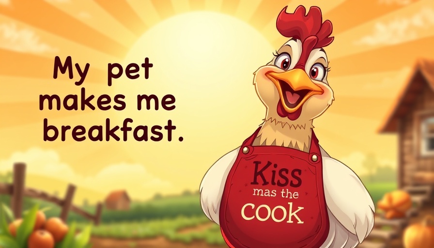 Cheerful cartoon chicken with a playful apron on sunburst background.