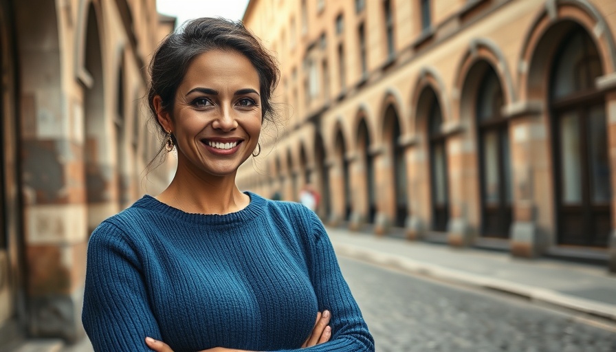 Confident woman by historic building advocating accessible legal recourse.