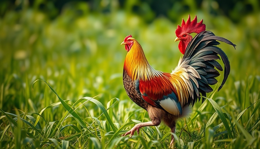 Photorealistic rooster symbolizing Indiana's bird flu free status, in a lush green setting.