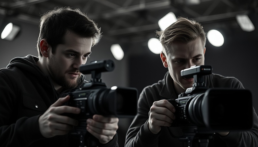 Split-screen of camera operators, one in black and white, one in color.
