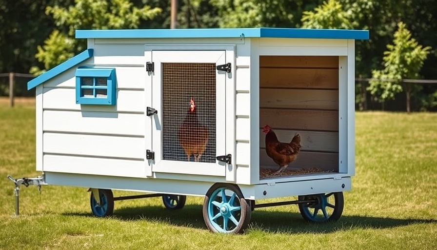 Mobile chicken coop with wheels for easy mobility on a grassy lawn.