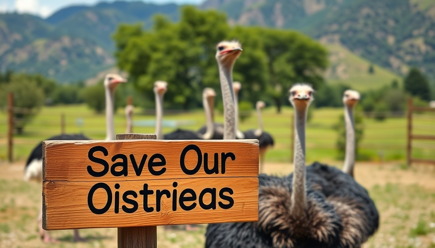 Save Our Ostriches sign at ostrich farm, H5N1 culling prevention.