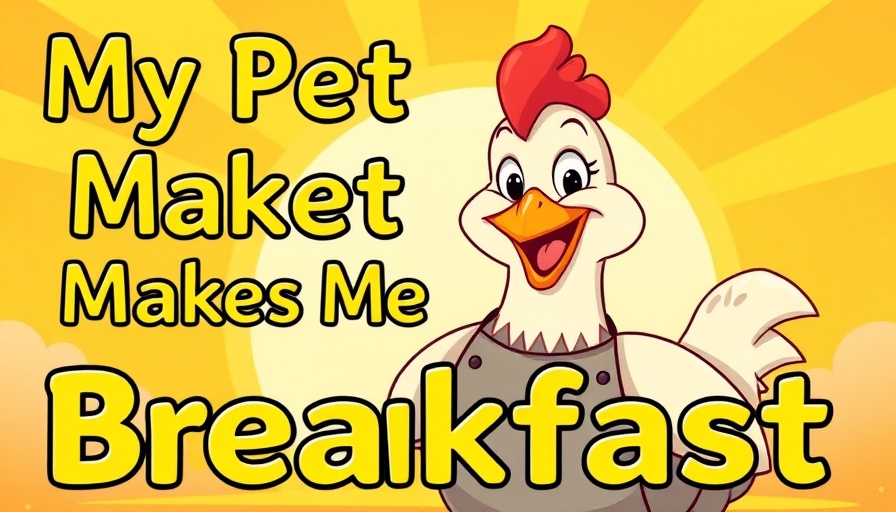 Cartoon chicken in apron with sunrise and text background.