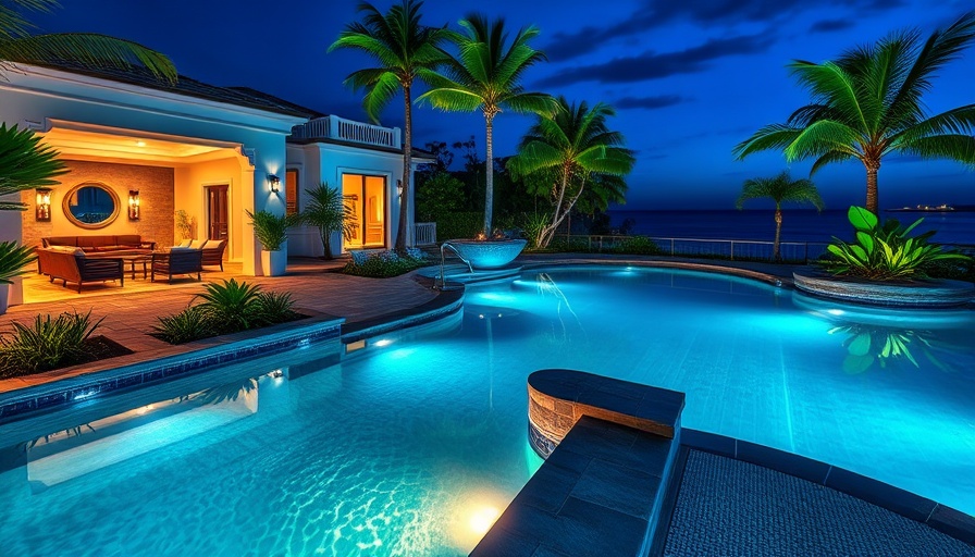 Luxurious coastal home with smart lighting at night by the pool.