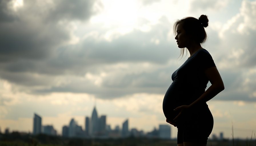 Silhouette of pregnant woman with urban skyline illustrating air pollution risks.