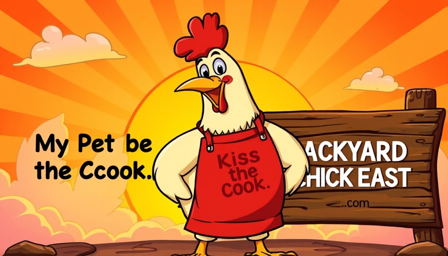 Cartoon chicken promoting Backyard Chickens, vibrant sunrise background.
