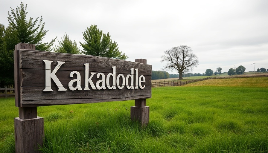Farm sign Kakadoodle in green rural setting, overcast sky