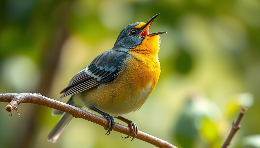 Vibrant Northern Parula singing on a branch, bright natural setting.