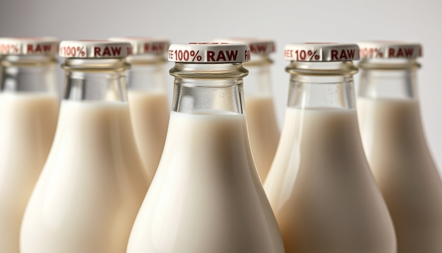 Close-up of raw milk bottles with labeled caps.