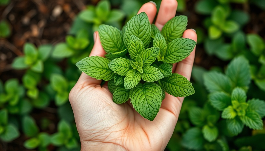 Hand holding a fresh mint plant, showing how to harvest mint.