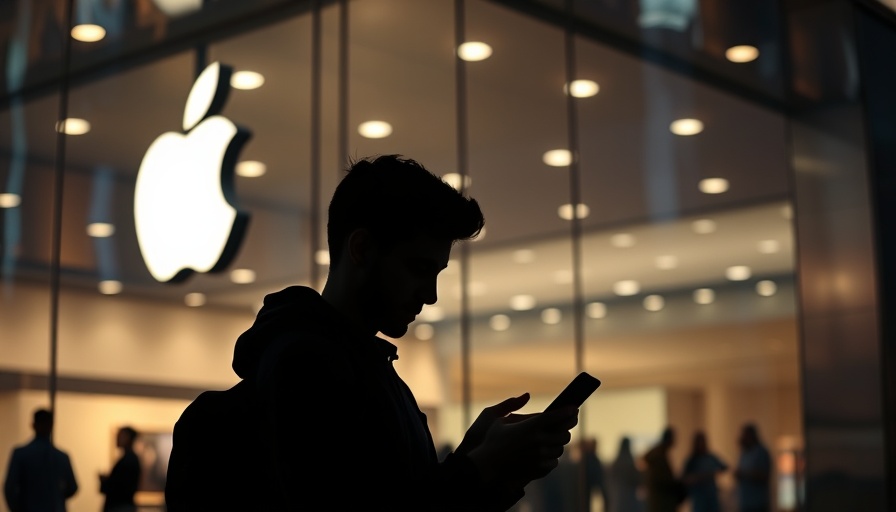Silhouetted man using phone outside Apple Store, iOS 19 updates.