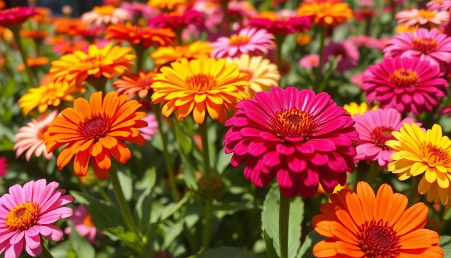 Vibrant zinnias thriving to protect outdoor garden from heat stress.