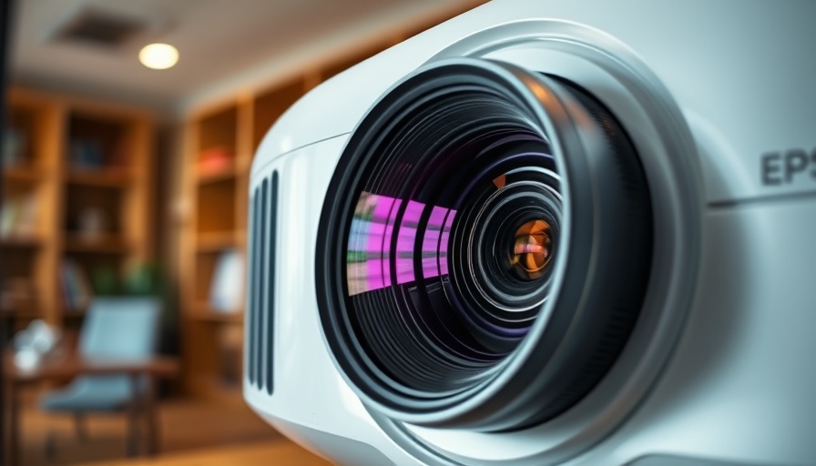 Epson QL7000 projector lens close-up in an office setting.