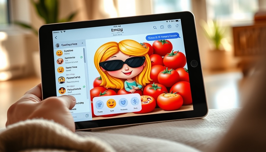 Apple tablet showing animated emoji in Messages app, vibrant interface.