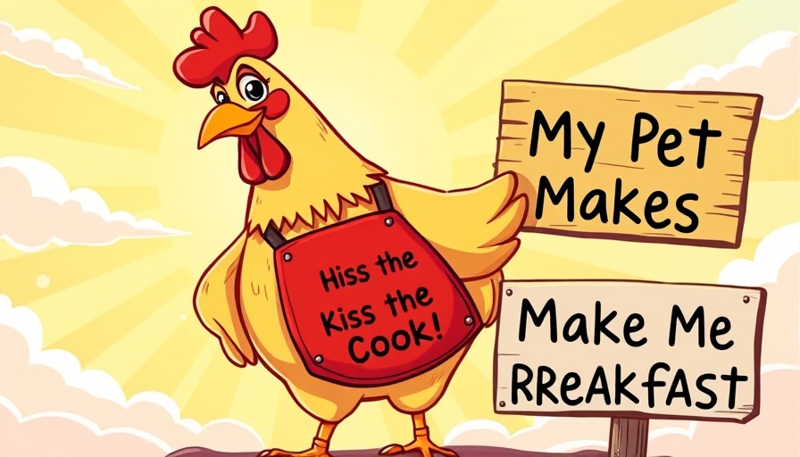 Cartoon chicken with apron and humorous breakfast quote.