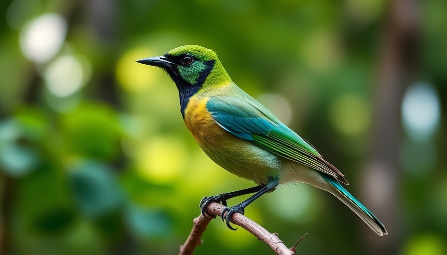 Vibrant Green Jay perched on a log in a lush green forest.