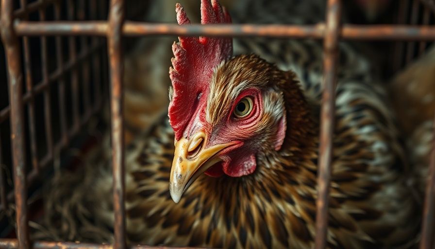 Investigation caged hens welfare: distressed hen in cramped cage.