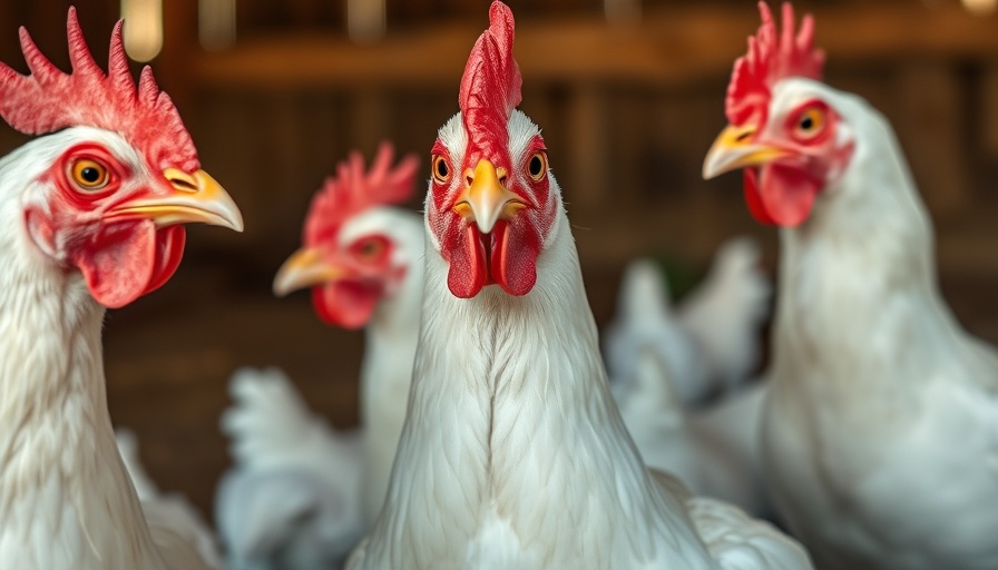 Chickens with red combs in soft barn light, bird flu safety tips.