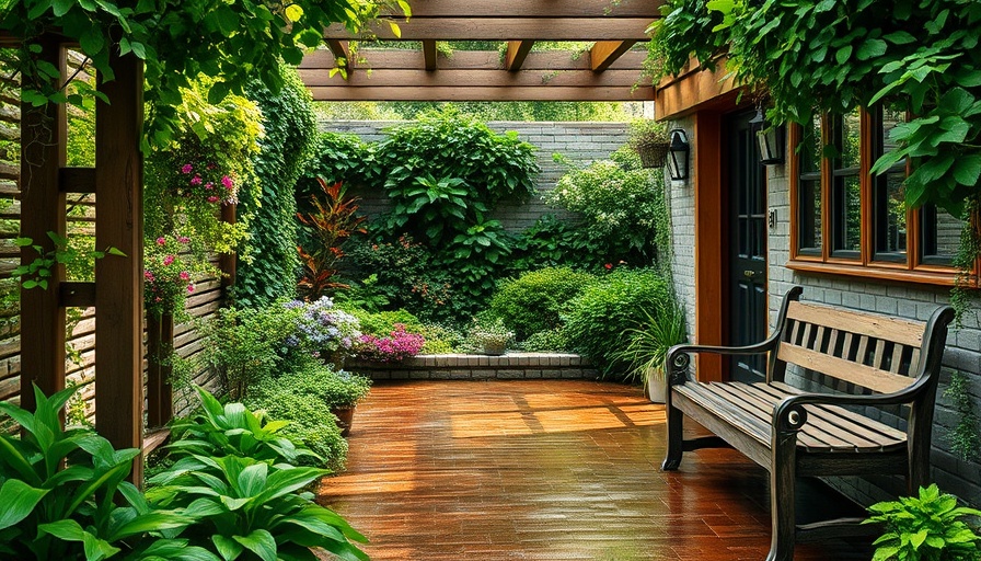 Permeable patio ideas with lush garden and pergola.