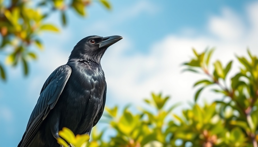 Black crow perched on a branch against blue sky, crows and racial symbolism.