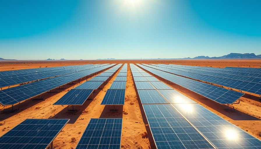 Expansive solar panel field in desert landscape under blue sky.