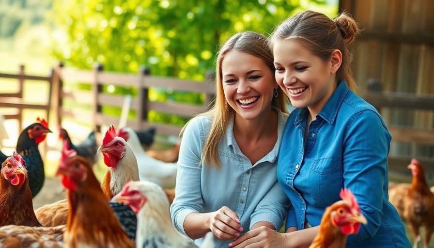 Mother and daughter on farm observing chickens for bird flu reporting.