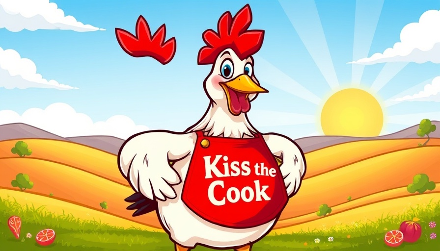 Cartoon chicken with apron in sunny landscape.
