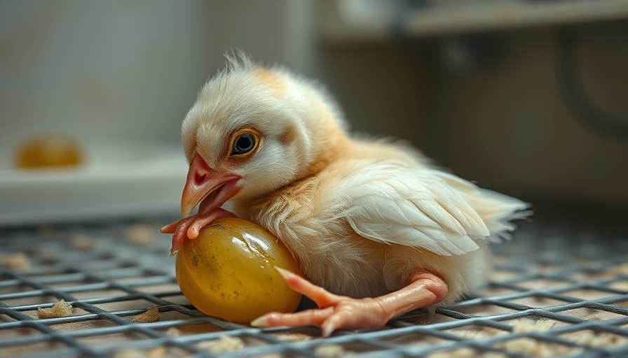 Chick leg stuck in yolk sac on metal mesh in incubator.