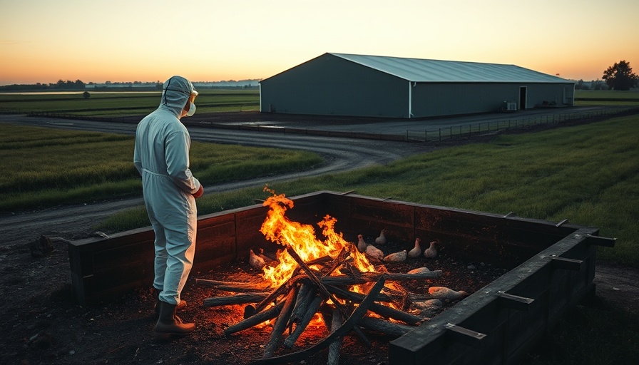 Aerial view of Brazil bird flu outbreak containment site with fire.