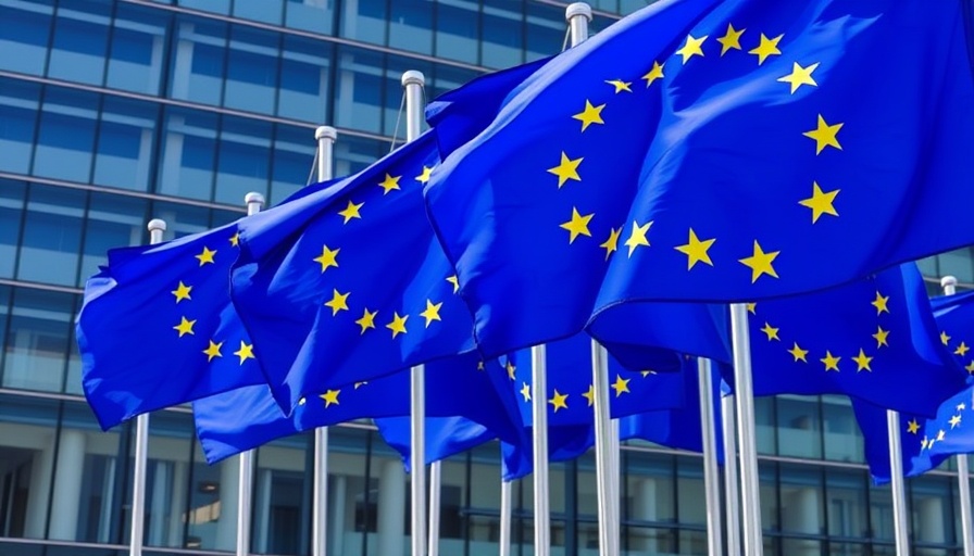 EU flags flutter in front of modern building, symbolizing tech dependency.