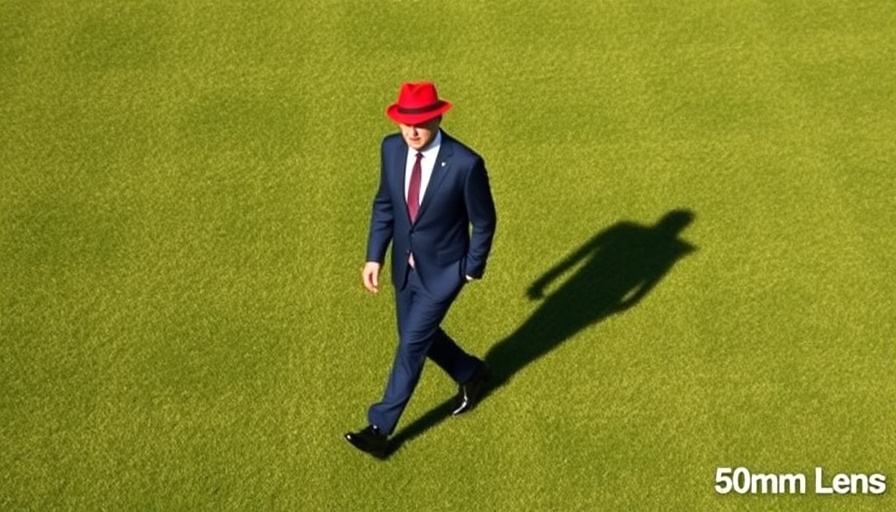 A man in a suit and red hat walking outdoors against a green grass background.