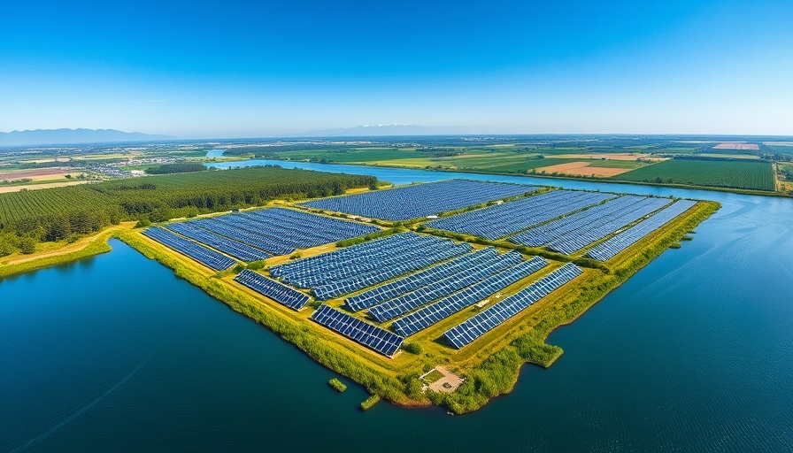 Aerial view of Europe's largest floating solar farm with solar panels on water, surrounded by greenery and fields.