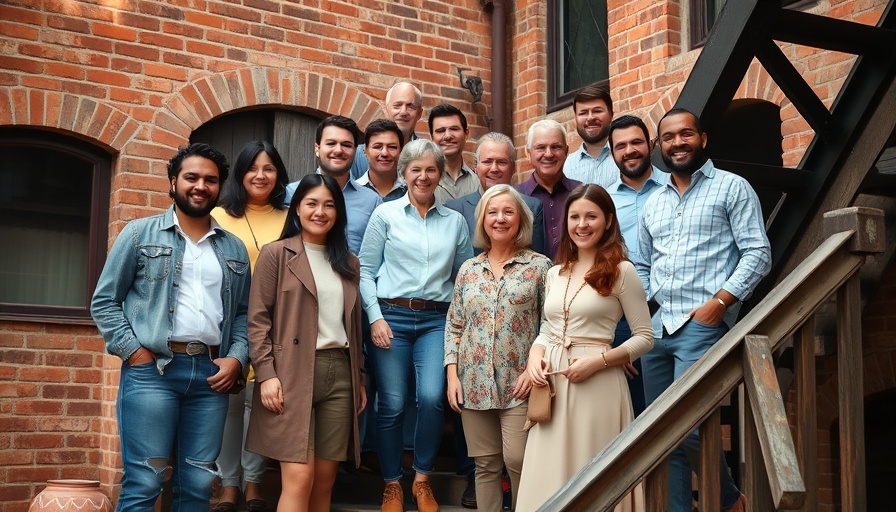 Group photo at a rustic brick building.