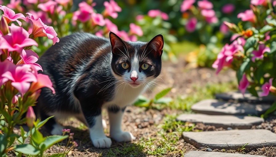 Curious black and white cat exploring colorful garden.