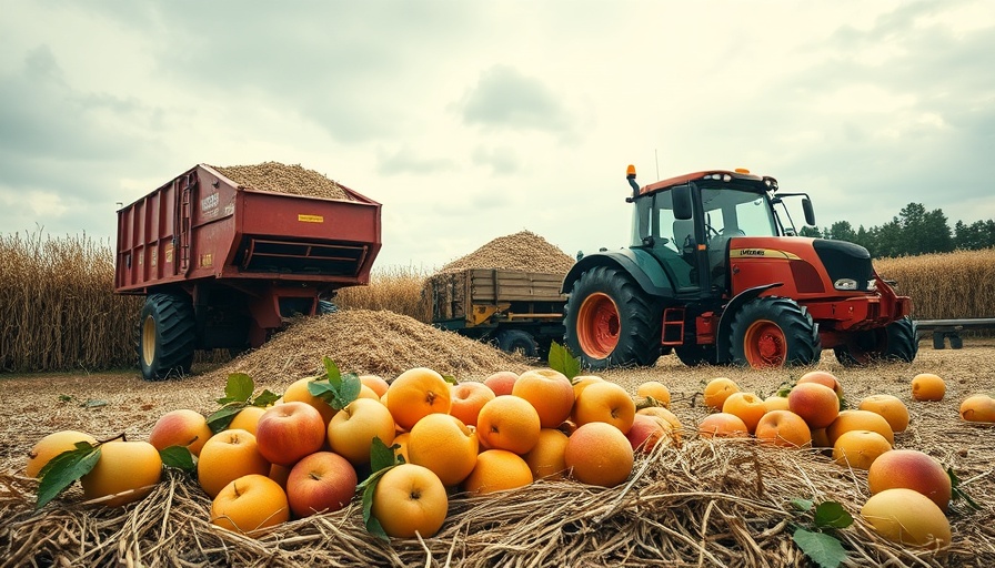 Recycling food waste on a farm with vibrant fruits and machinery.