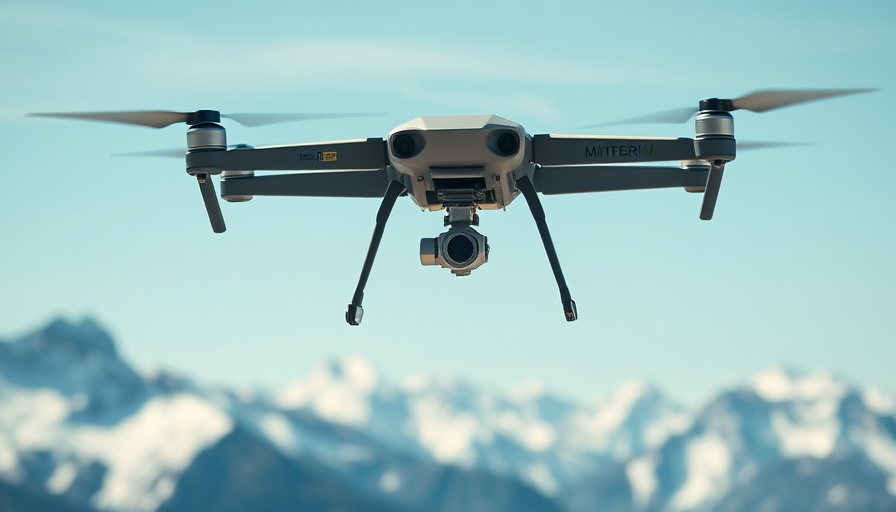Military UAV hovering in clear sky over snowy mountains.